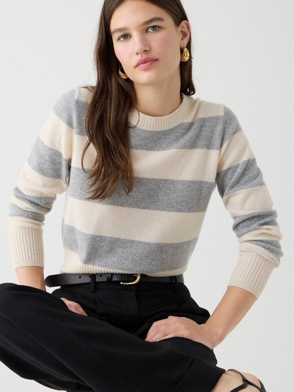 NWT J.Crew Cashmere Shrunken Crewneck Sweater in Muslin Gray Rugby Stripe M